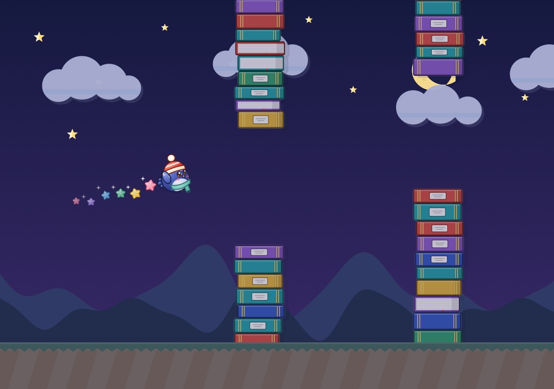 A starry bird in a beanie and scarf dropping paper stars between stacks of books