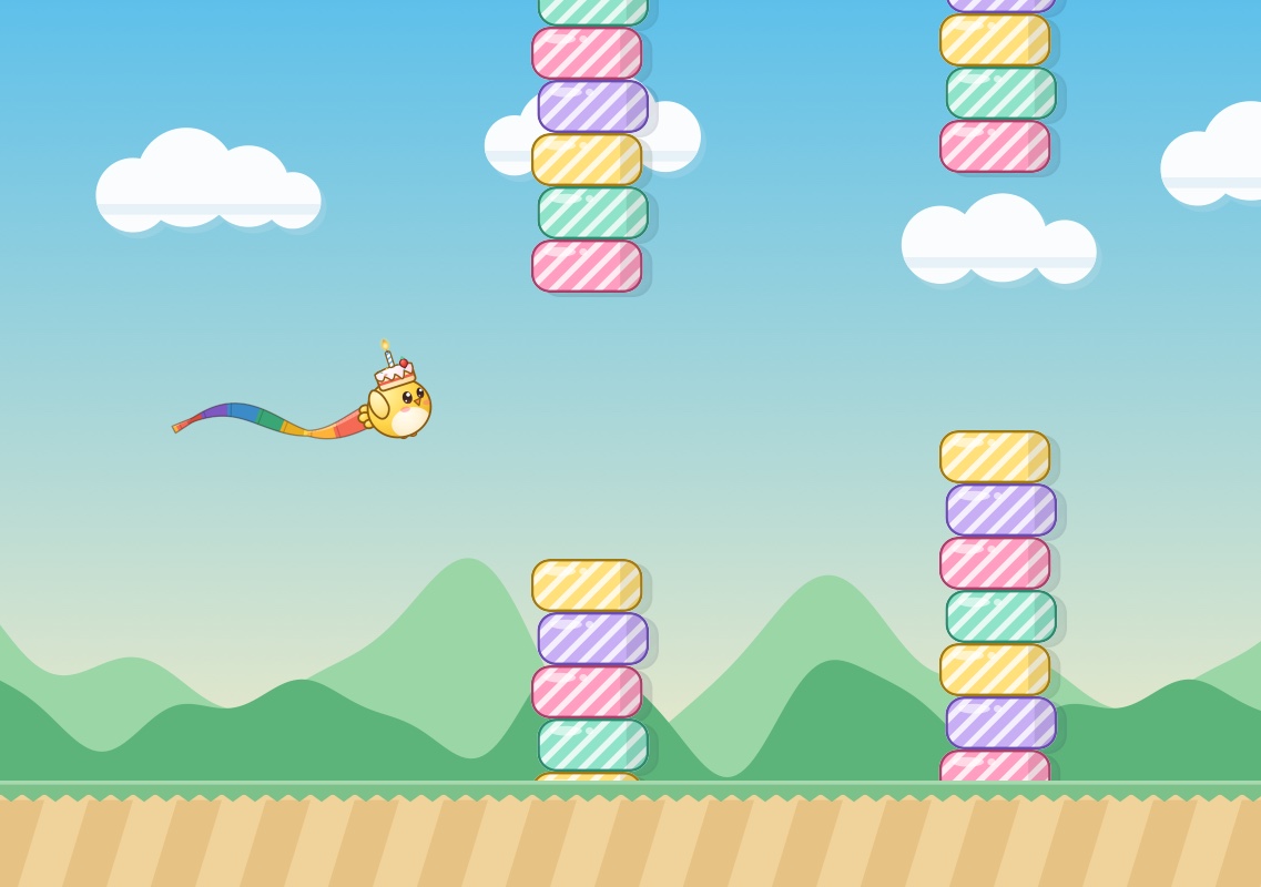 A lemon bird in a birthday cake hat trailing a rainbow streamer past candy blocks